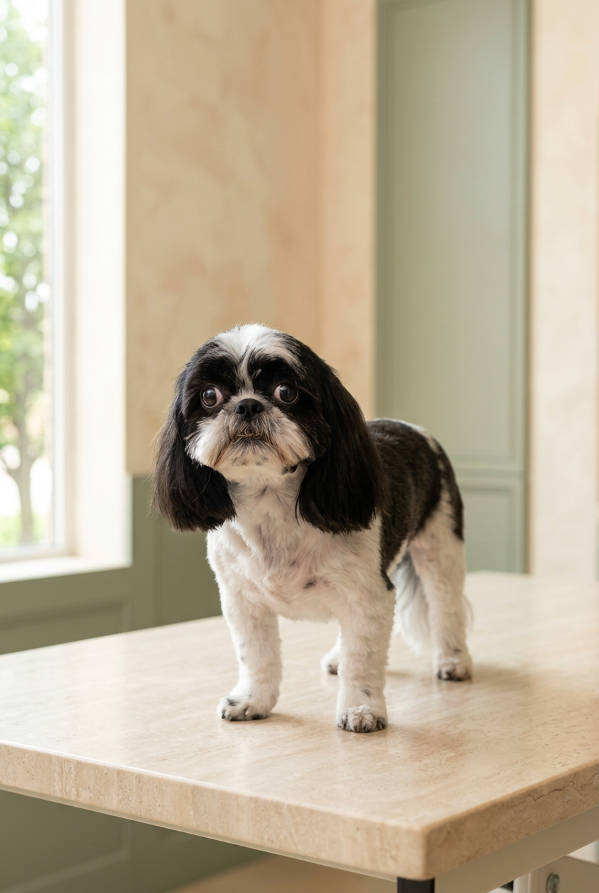 Black and white Shih Tzu with a precise fresh trim