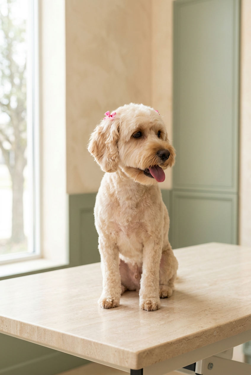 Cream doodle wearing pink bows after a fresh groom