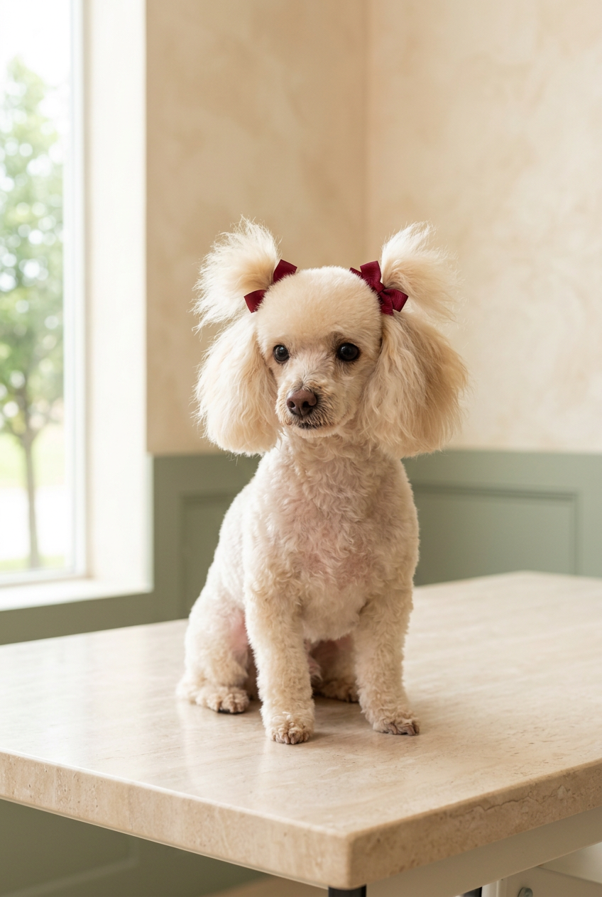 Cream miniature poodle wearing red bows after a fresh groom