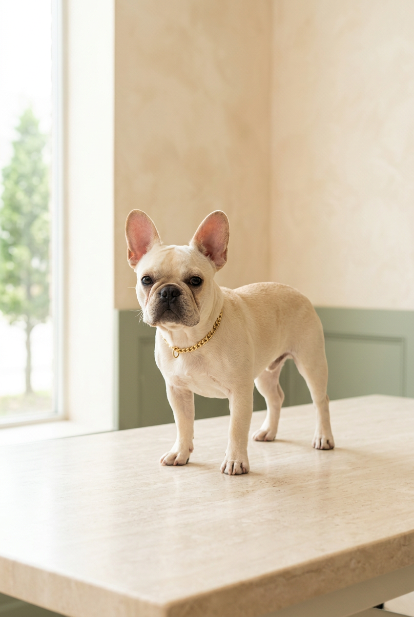 Cream French bulldog after a grooming appointment