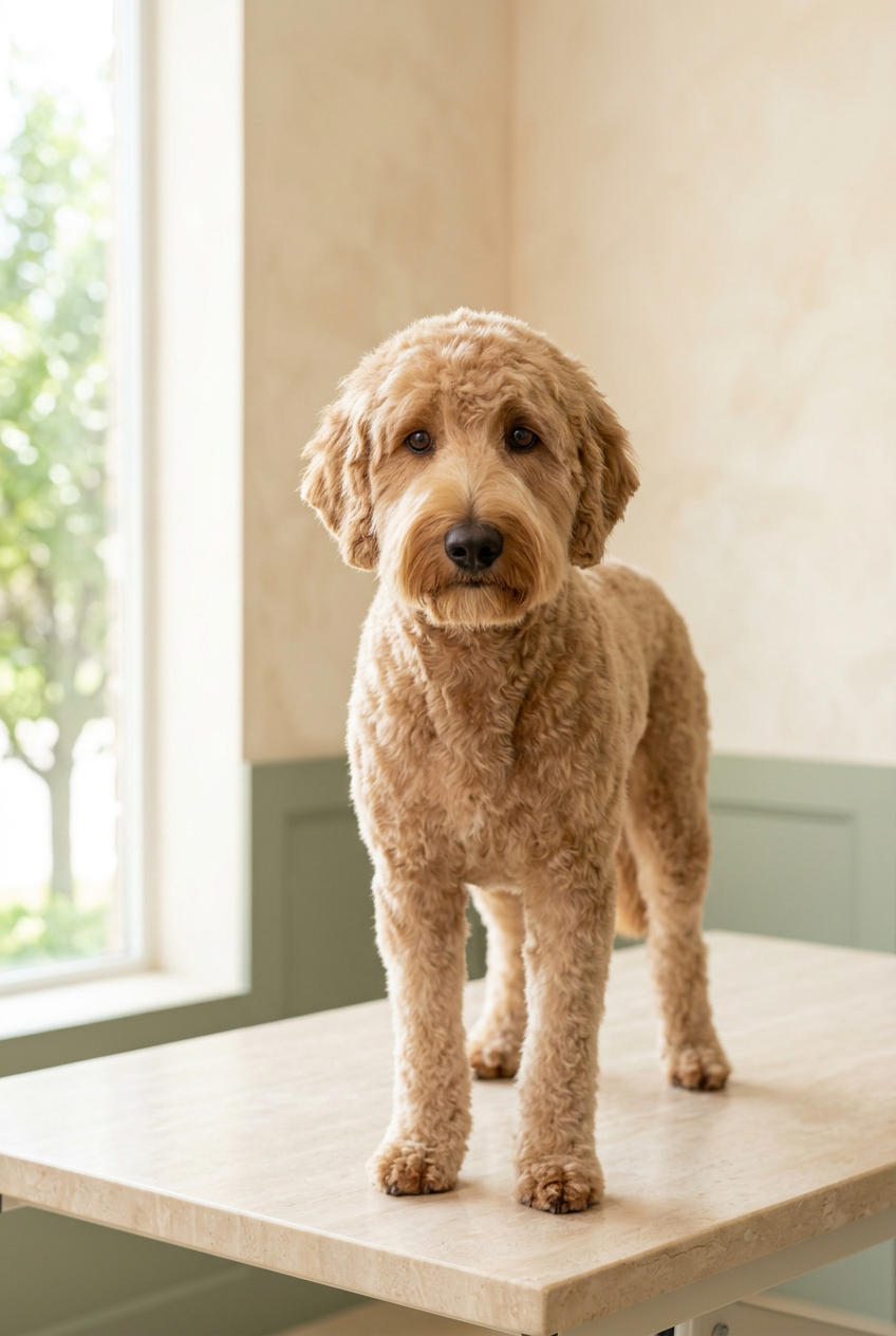 Large golden doodle with a fresh rounded haircut