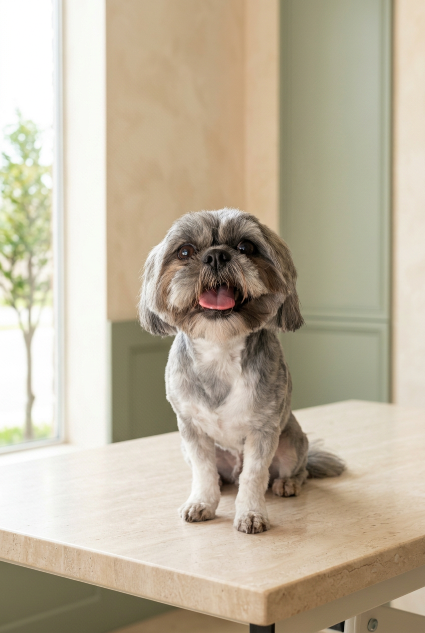 Happy gray and white Shih Tzu sitting after a fresh groom