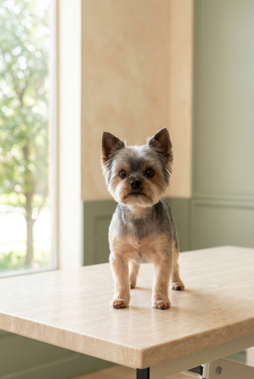 Small gray and tan Yorkshire terrier with a neat fresh trim