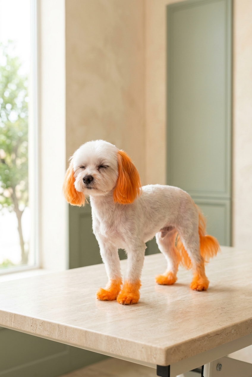 White dog with bright orange ears, paws, and tail after creative grooming
