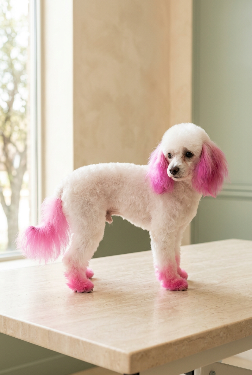 White poodle with vivid pink ears, paws, and tail after creative grooming