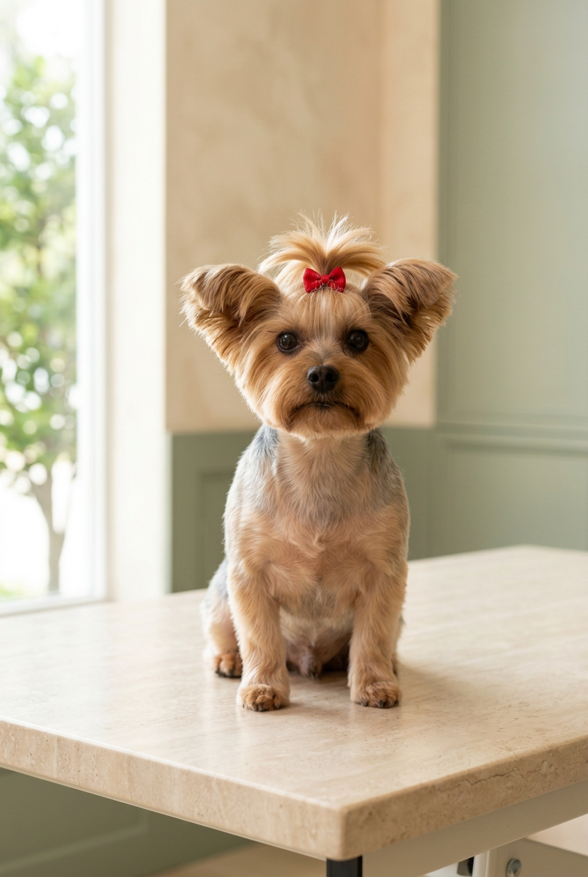Freshly groomed tan Yorkie wearing red bows