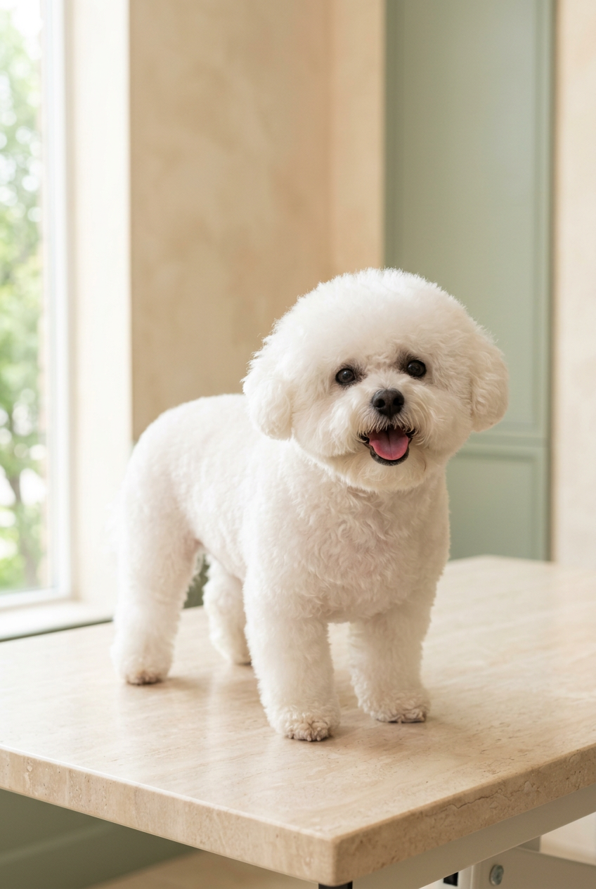 Freshly groomed white Bichon standing in the grooming studio