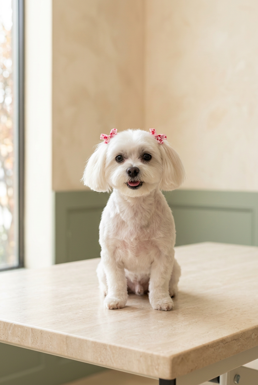Happy white Maltese sitting after a fresh groom