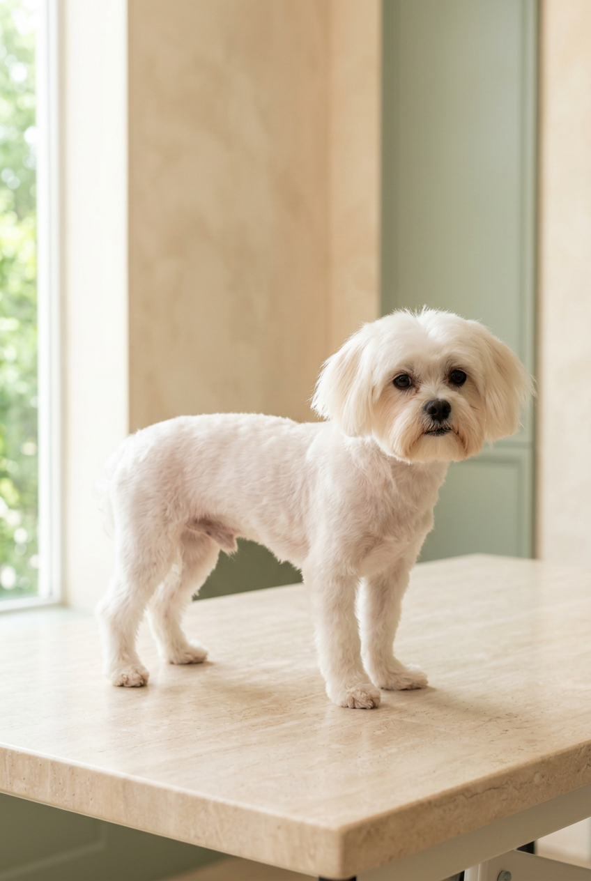 Freshly groomed white Maltese standing in the spa