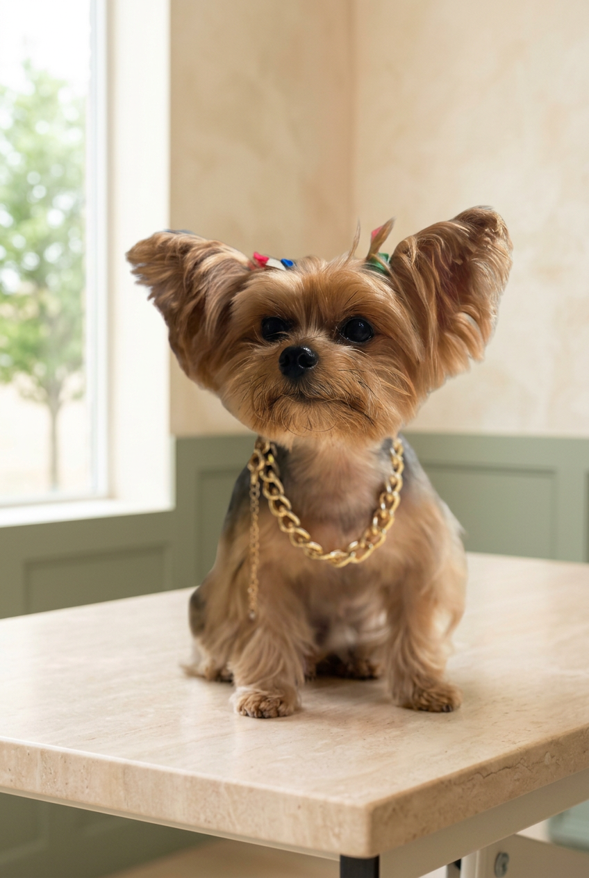 Freshly groomed Yorkshire terrier wearing colorful bows and a gold chain