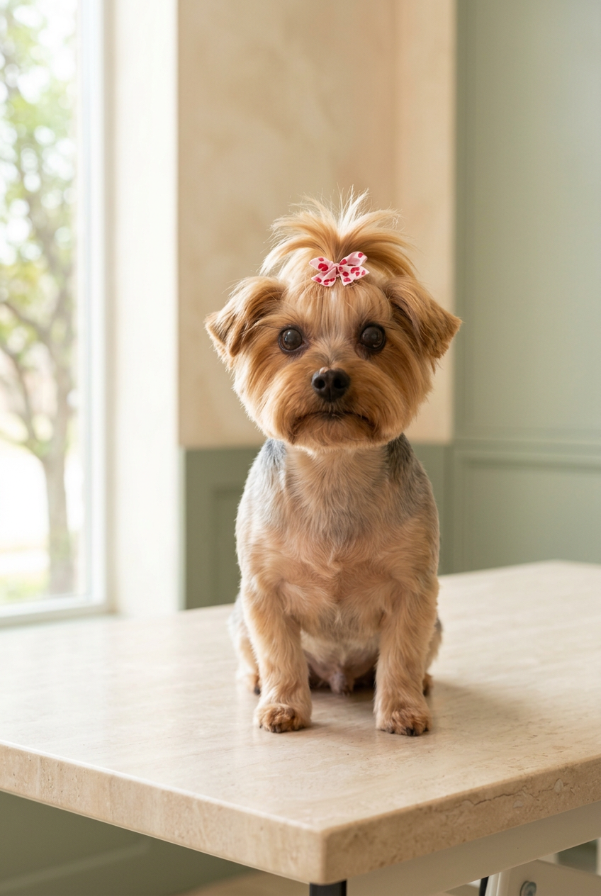 Freshly groomed Yorkshire terrier wearing a pink bow
